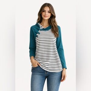 Teal and White Striped Women's Hoodie